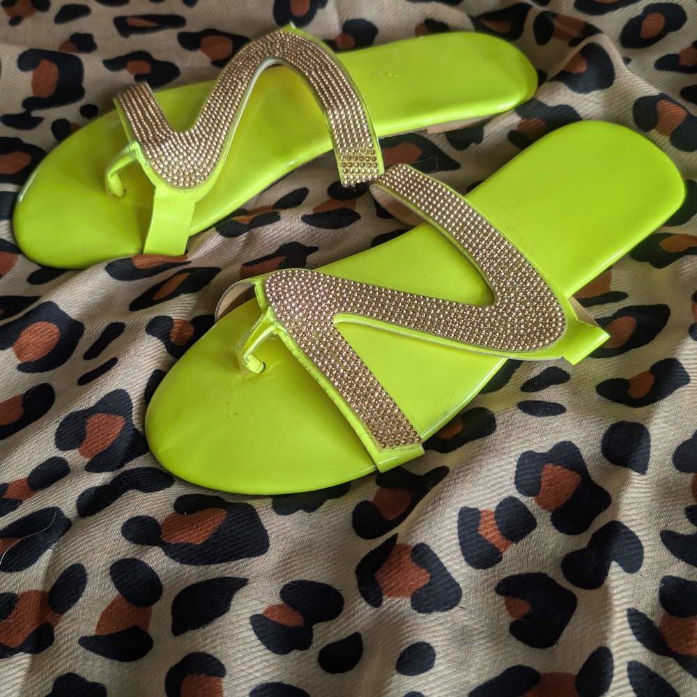 Vibrant Yellow and Green Sandals with Zigzag Straps